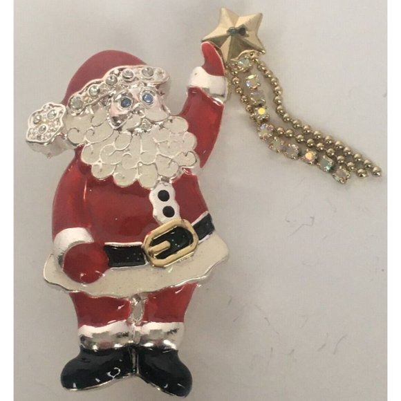 Santa Claus Pin Brooch Holding Star Clear Rhinestones Christmas Holiday Gift - Picture 2 of 5